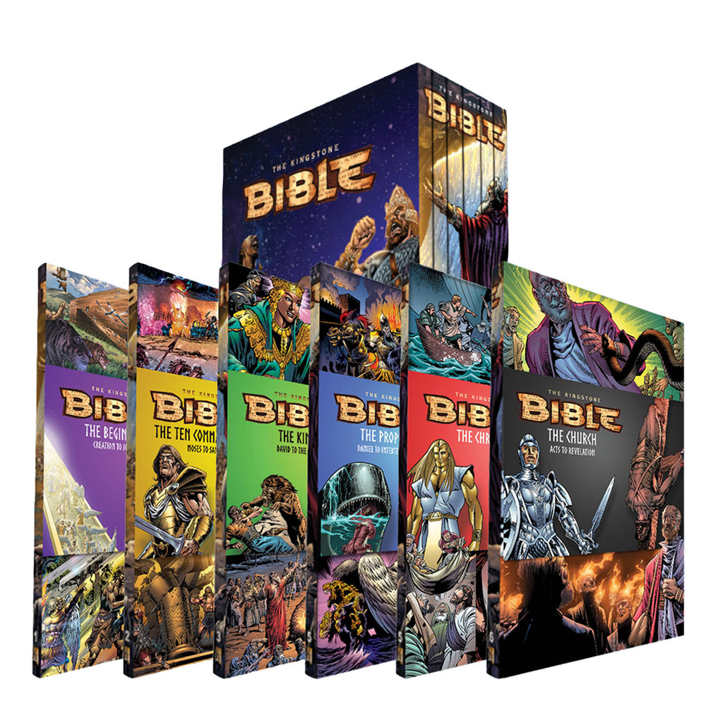 A boxed set of illustrated Bible-themed books or volumes arranged in a fan-like product display on a plain white background. The set includes multiple colorful covers with titles such as The Book of Genesis, The Book of Exodus, The Book of Leviticus, The Book of Numbers, The Book of Joshua, The Book of Judges, The Book of Ruth, The Book of Esther, The Book of Daniel, The Book of Ezra, The Book of Nehemiah, and The Book of Chronicles.
