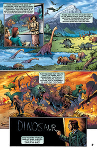 Comic-style illustration of a teacher explaining dinosaurs to students with a mountain and landscape background.