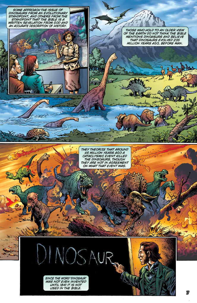 Comic-style illustration of a teacher explaining dinosaurs to students with a mountain and landscape background.