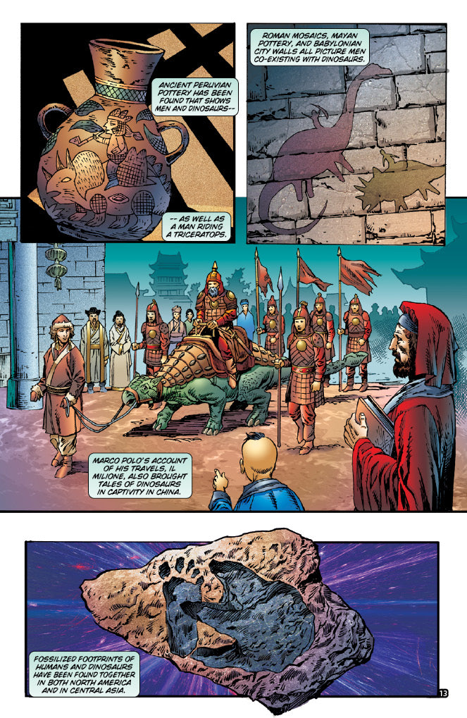 Comic book page showing illustrations of dinosaurs in history