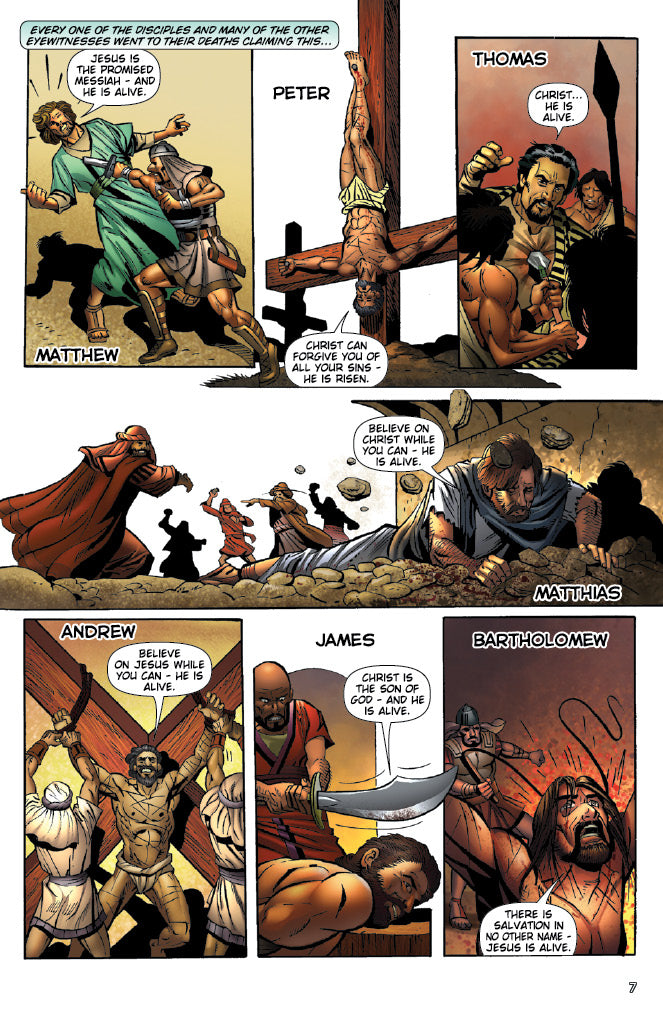 Comic book panels showing the eyewitnesses to the resurrection