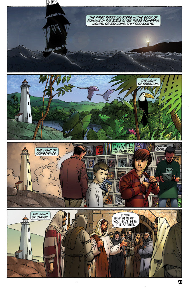 comic panels illustrating God's existence