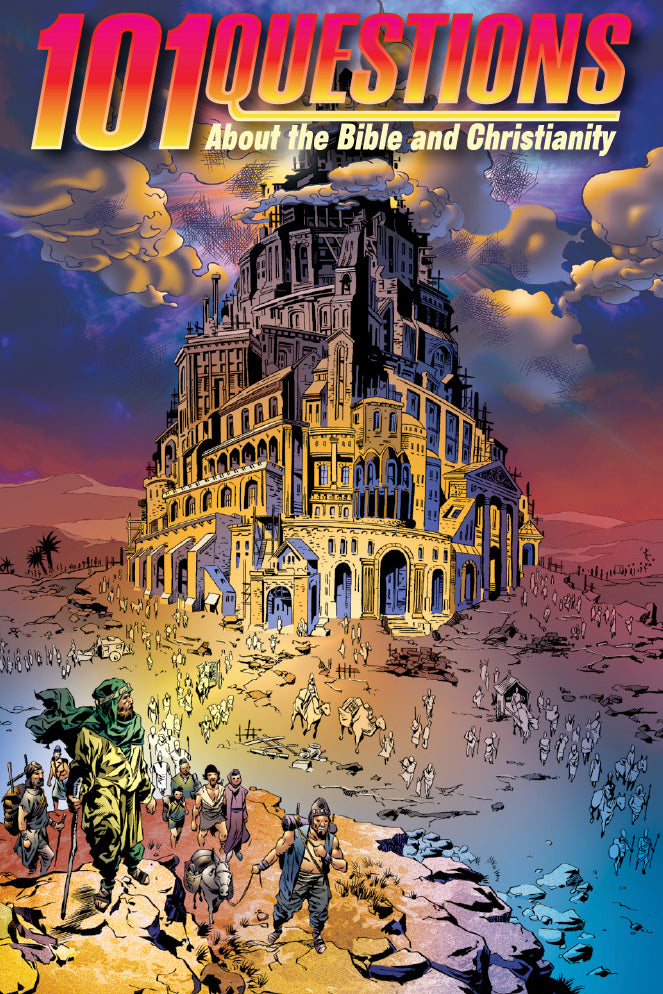 Book cover of '101 Questions About the Bible and Christianity' Volume 5 with a colorful illustration of the Tower of Babel.