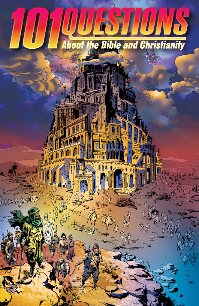 Book cover of '101 Questions About the Bible and Christianity' Volume 5 with a colorful illustration of the Tower of Babel.