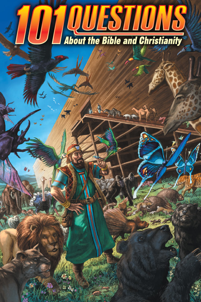 Book cover with illustration of Noah and animals, titled '101 Questions About the Bible and Christianity' Volume 6