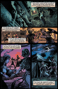 Comic book panel layout with various scenes and characters in a dark, atmospheric setting.
