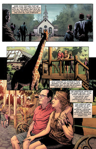 Comic book panel with a couple at a zoo, a giraffe, and a church in the background.