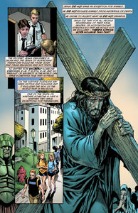 Comic book panel of Jesus carrying a cross with side panels showing different scenes.