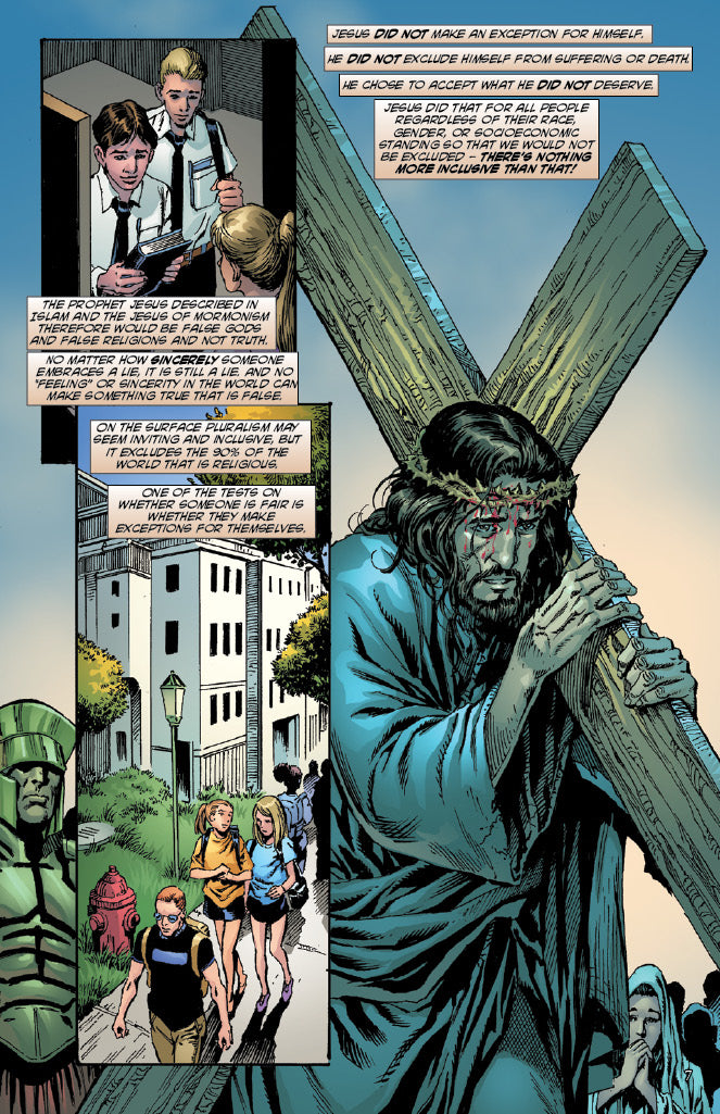 Comic book panel of Jesus carrying a cross with side panels showing different scenes.