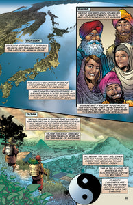 comic book panels explaining Shintoism, Sikhism, and Taoism