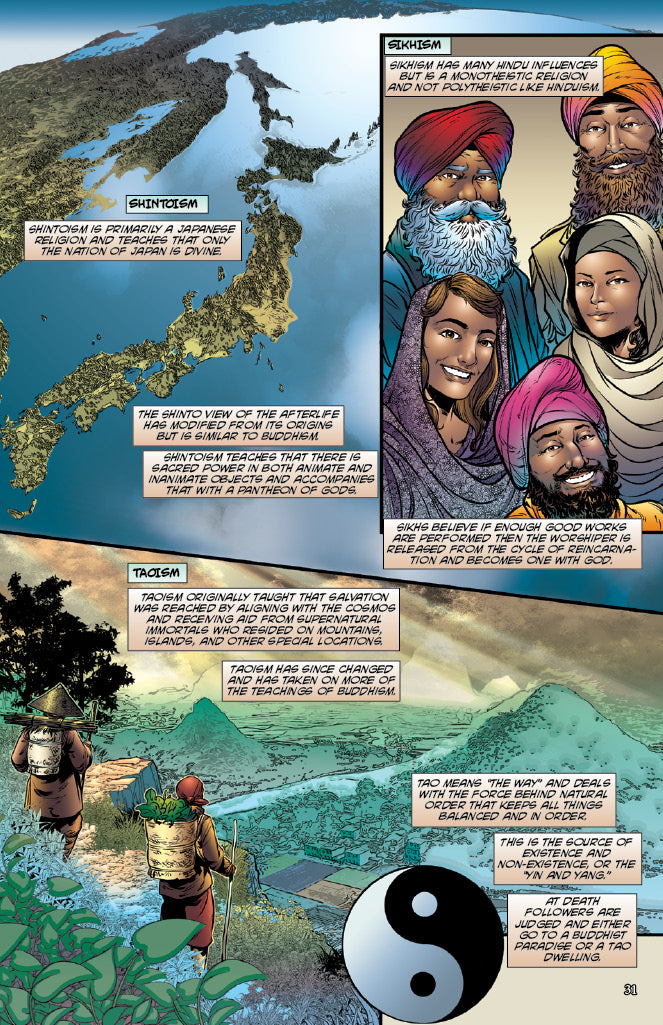 comic book panels explaining Shintoism, Sikhism, and Taoism