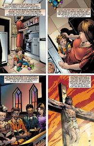 Comic book panels showing a woman with children, a car accident, and Jesus on the cross.