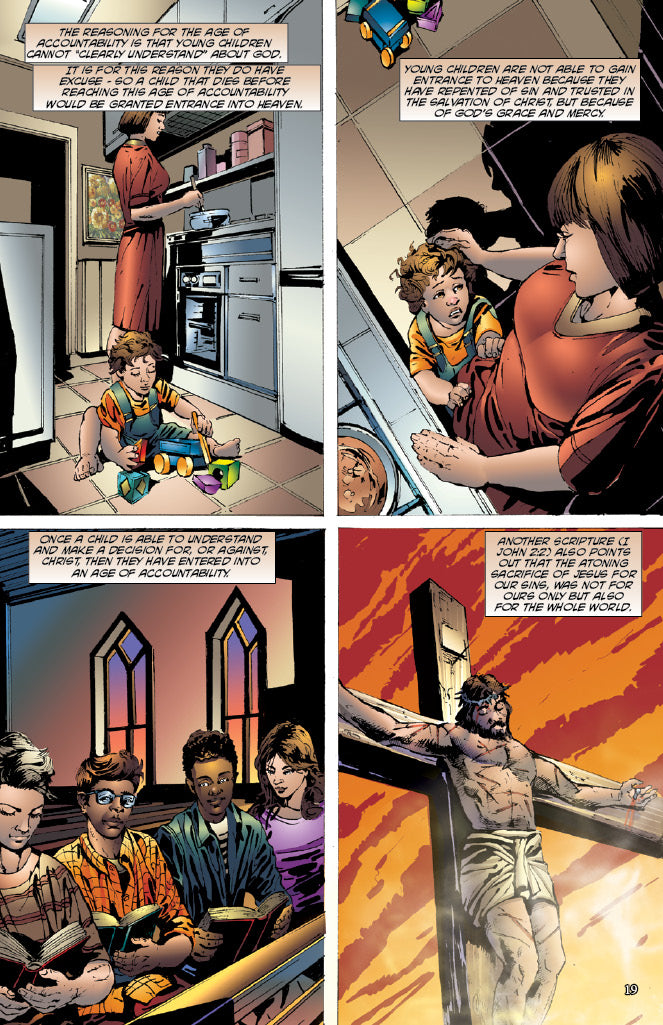 Comic book panels showing a woman with children, a car accident, and Jesus on the cross.