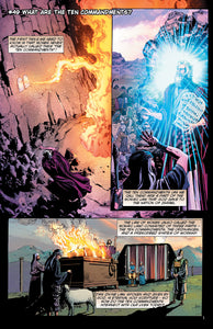 Comic book panel showing Moses receiving the Ten Commandments with a fiery mountain background.