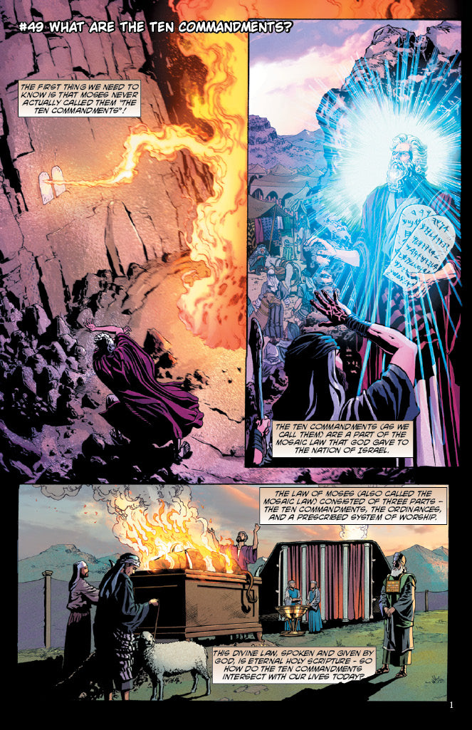 Comic book panel showing Moses receiving the Ten Commandments with a fiery mountain background.
