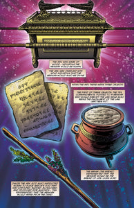 Illustration of the Ark of the Covenant with tablets, pot, and staff on a cosmic background
