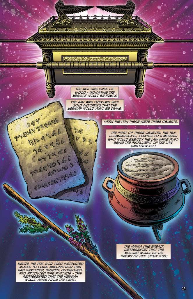 Illustration of the Ark of the Covenant with tablets, pot, and staff on a cosmic background