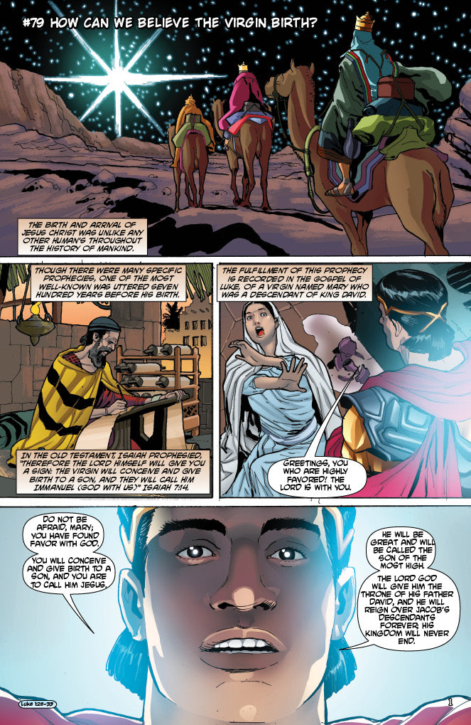 Comic book panel sequence depicting a nativity scene with three wise men and a woman, followed by a close-up of an angel.