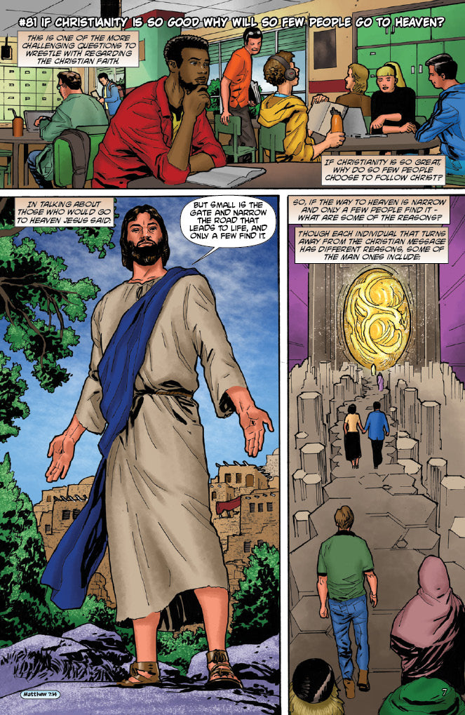 Comic strip with religious themes including Jesus and people walking towards a golden door.