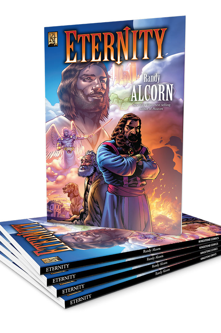 A stack of graphic novel or comic book copies titled "ETERNITY" by Randy Alcorn, with one book standing upright in front of the others on a plain white background.