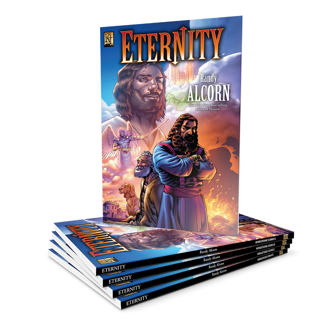 A stack of graphic novel or comic book copies titled "ETERNITY" by Randy Alcorn, with one book standing upright in front of the others on a plain white background.