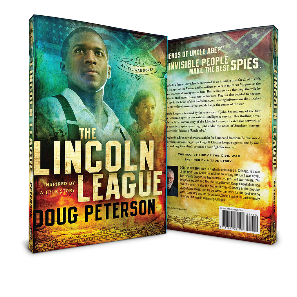 Book cover and back cover of 'The Lincoln League' by Doug Peterson, shown as a 3D mockup on a white background. The cover features a portrait of a man in a suit against a teal and green background, with the title in large beige letters and a fiery orange-yellow background on the back cover.